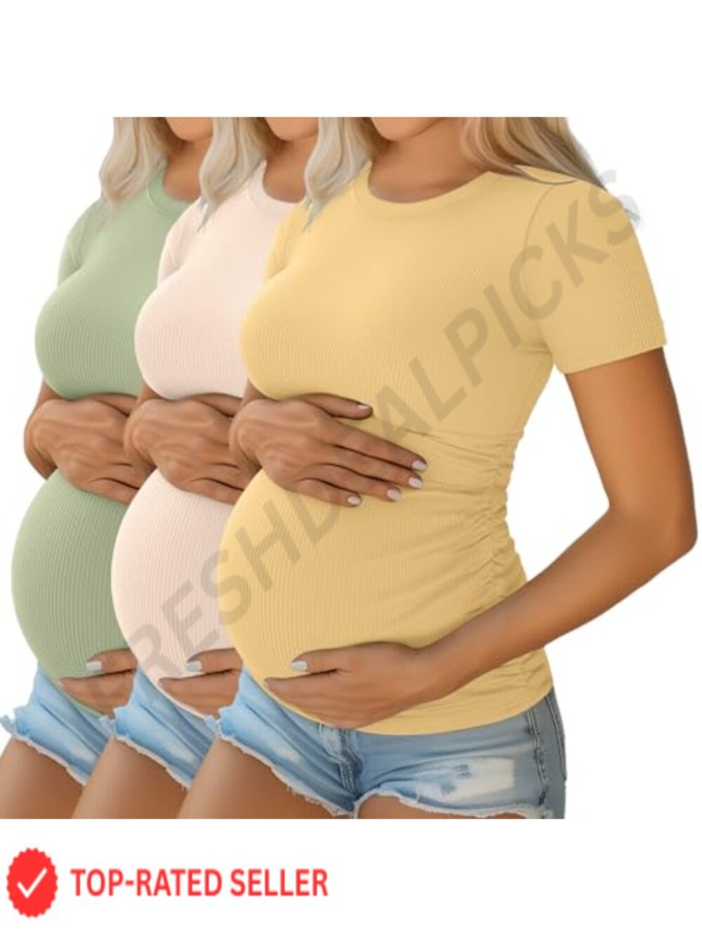 Ficerd 3 Pack Maternity Short Sleeve T-Shirts Cotton Spandex Ruched Pregnancy